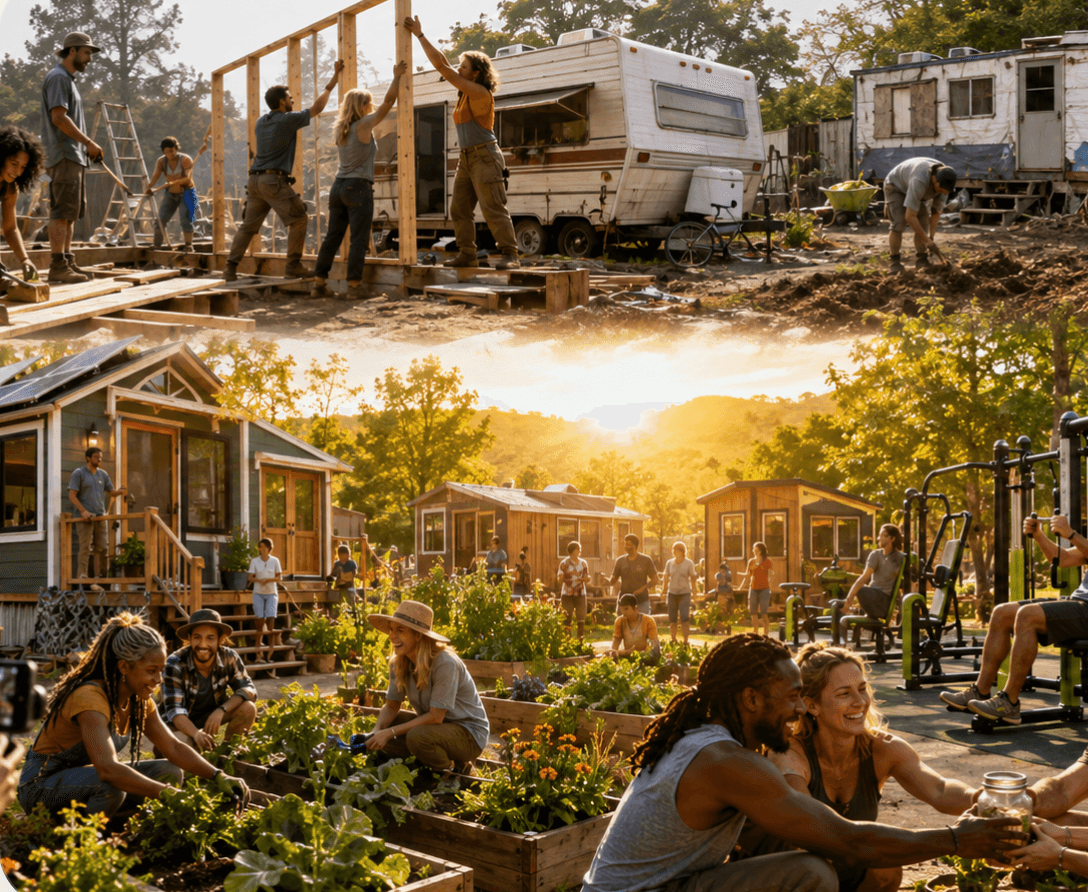 Community members raising a frame and tending garden beds — the work of location one.